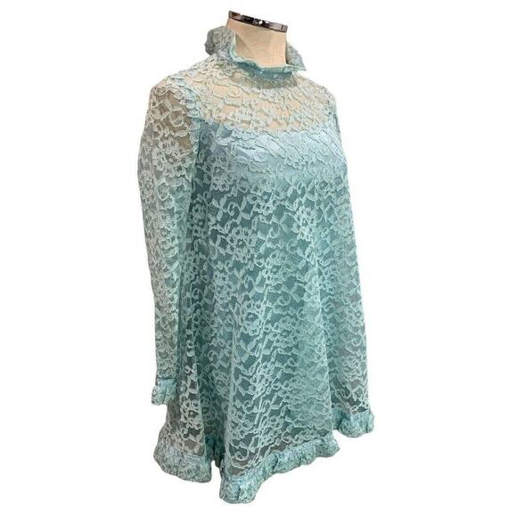 Vintage Aqua Swing Shift Mini Dress Vintage 1960s Lace Overlay Satin - Picture 6 of 10